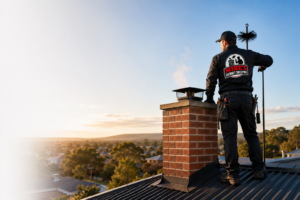A worker is done with chimney cleaning showing all tool used to | Mike's Chimney Sweeping
